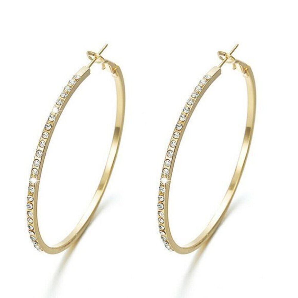 NEW Large Hoop Earrings Gold with Rhinestones 2" Across Big Showy Sexy
